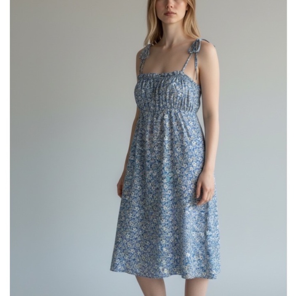 Forever 21 Blue Floral Mini Dress Large Tie Shoulder Ruched Bust Ruffle Trim